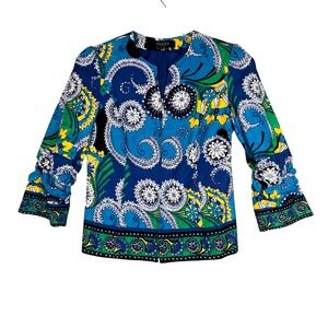 Peck & Peck Jacket Blue Yellow Mod Floral Print Ruched Sleeve Full Zip Size 4‎